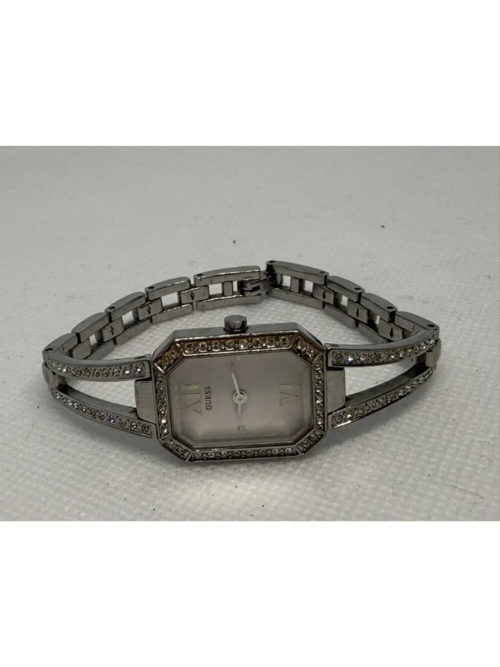Guess Women's Silver-Tone Crystal Accented Rectangular Bracelet Watch